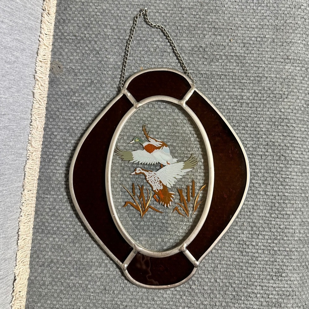 Vtg Lyford Stained Glass Mallard Ducks Suncatcher Oval Cabin Decor Made in USA - Picture 2 of 4